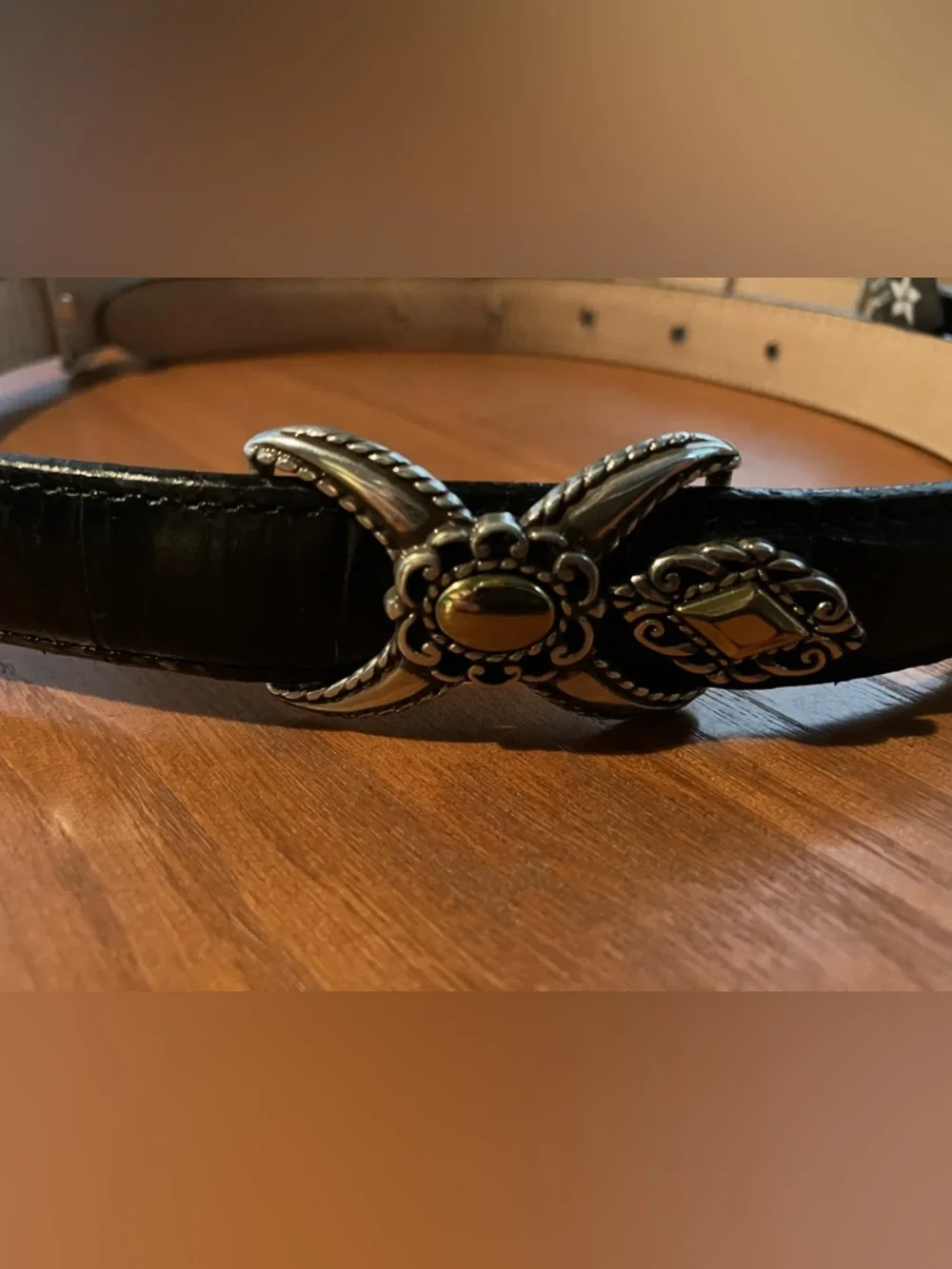 Vintage Brighton Black Croc-Embossed Belt with Silver Buckle and Embellishments